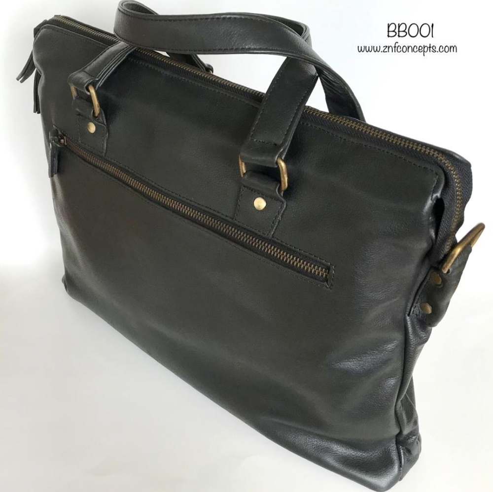Weekender bag, Graphite black Laptop bag, High quality leather. Pebbled Leather. - Picture 8 of 9